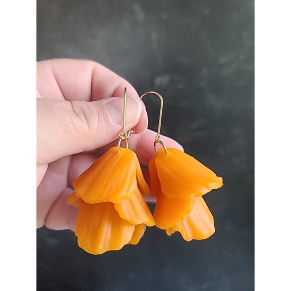 Orange Floral Dangling Pierced Earrings - Picture 2 of 10